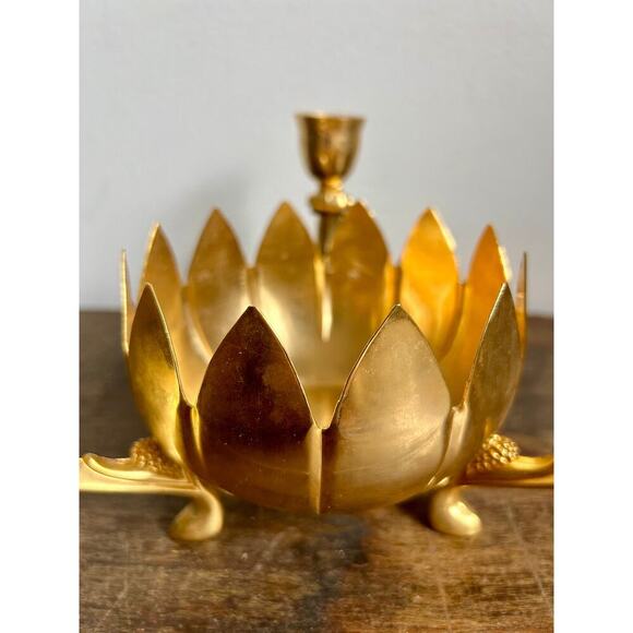 Vintage Brass Lotus Flower 3 Candle Holder | Footed Monteith Bowl | - Picture 4 of 5